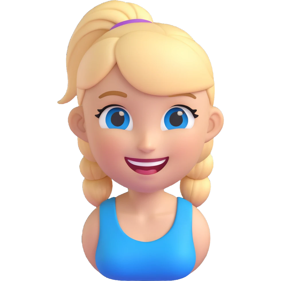 3D emoji of a white girl with blonde hair in a ponytail, blue eyes, winking emoji