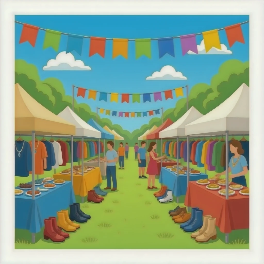 A flea market of clothes jewels and footwear and food emoji