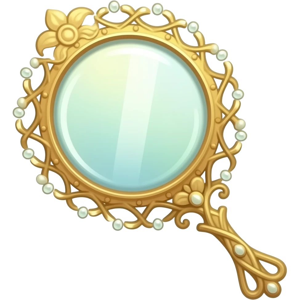 A delicate fairy hand mirror in soft green and warm orange tones, with an ornate frame, floral details, a magical glow, and tiny lilac accents. emoji