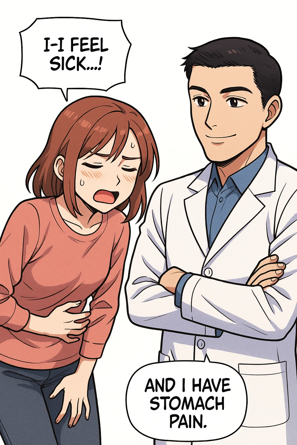 su questo stile fai un manga/webtoon a colori in cui una donna si lamenta che sta male e ha mal di pancia, l'uomo della foto in stile manga gli risponde, ISOLATO SU SFONDO BIANCO emoji