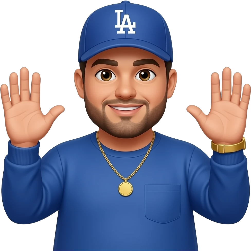 Chubby man with sand skin tone and lightly shaved black beard wearing a blue Los Angeles Dodgers logo baseball cap wearing a long sleeve blue shirt wearing a gold tennis necklace and a gold wrist watch with his hands up emoji