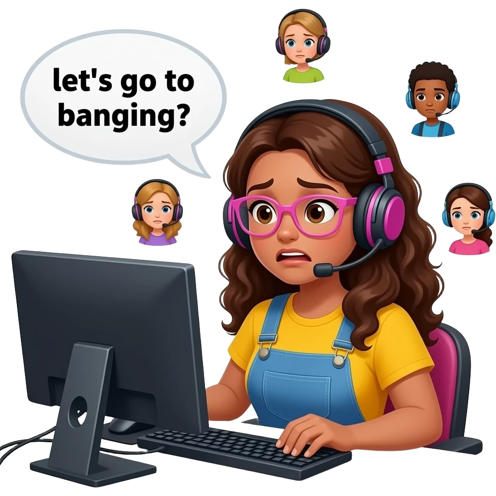 A curvy tan woman with long curly hair and pink glasses, wearing overalls and a yellow shirt, looking straight forward at viewer, wearing a gaming headset,sitting at her computer, she's looking anxious, with speech bubble saying "let's go to banging?",  And some floating avatars in headsets around emoji