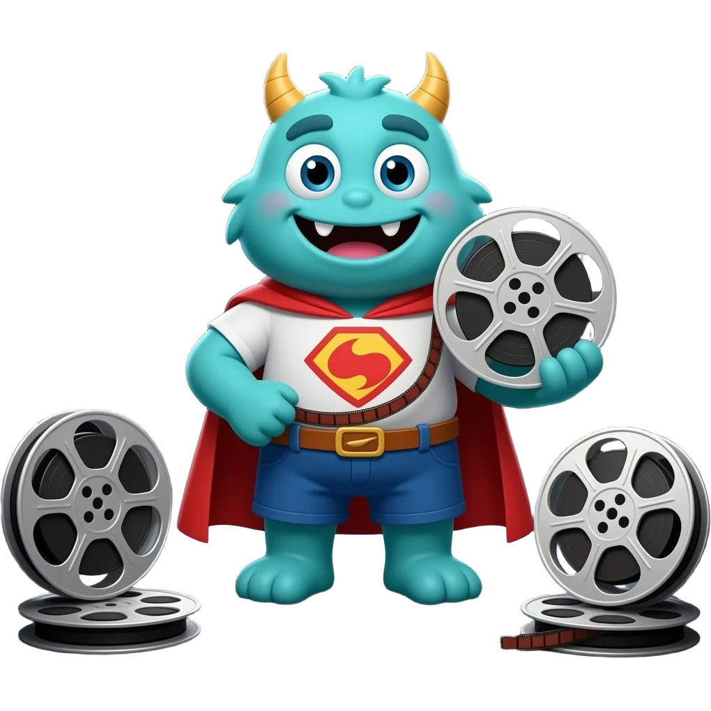 a product hero – librarian of collection of a long-lost movie collection, furry monster similar to monsters and company, but with analog fillm roll as a prop – make him a monster but a nice one emoji