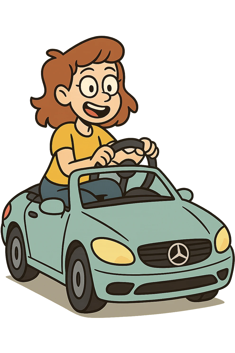 cartoon style, cheerful colors, girl riding a Mercedes car, transparent background emoji