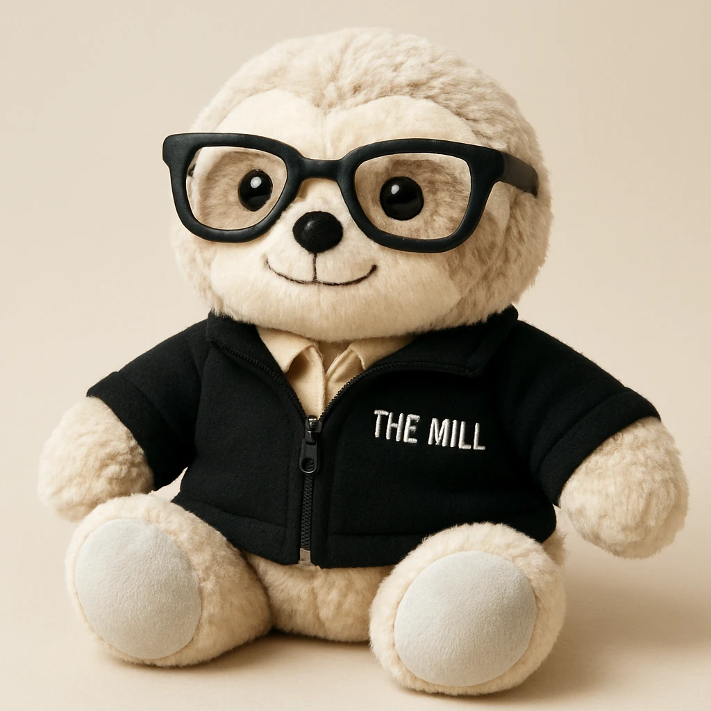Make this sloth look like a plushy, soft and cuddly toy, inspired by the reference photo, but still wearing a black 'The Mill' jacket and looking business savvy. The style should reflect a plush toy softness and cuddliness. emoji