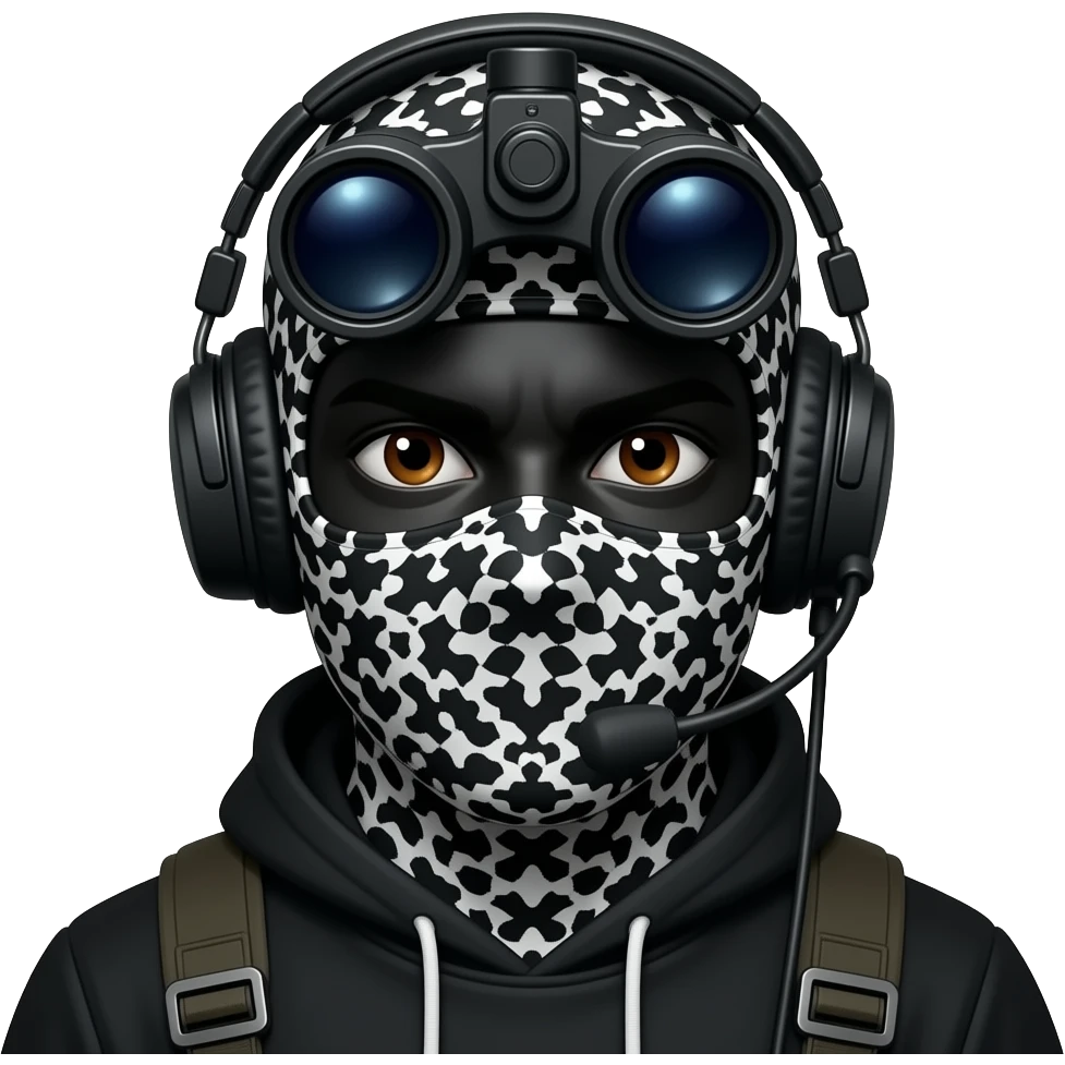 man with brown eyes wearing black clothes, face total painted black and a black and white patterned balaclava and wears a headset and a big black night vision device on his headtop emoji