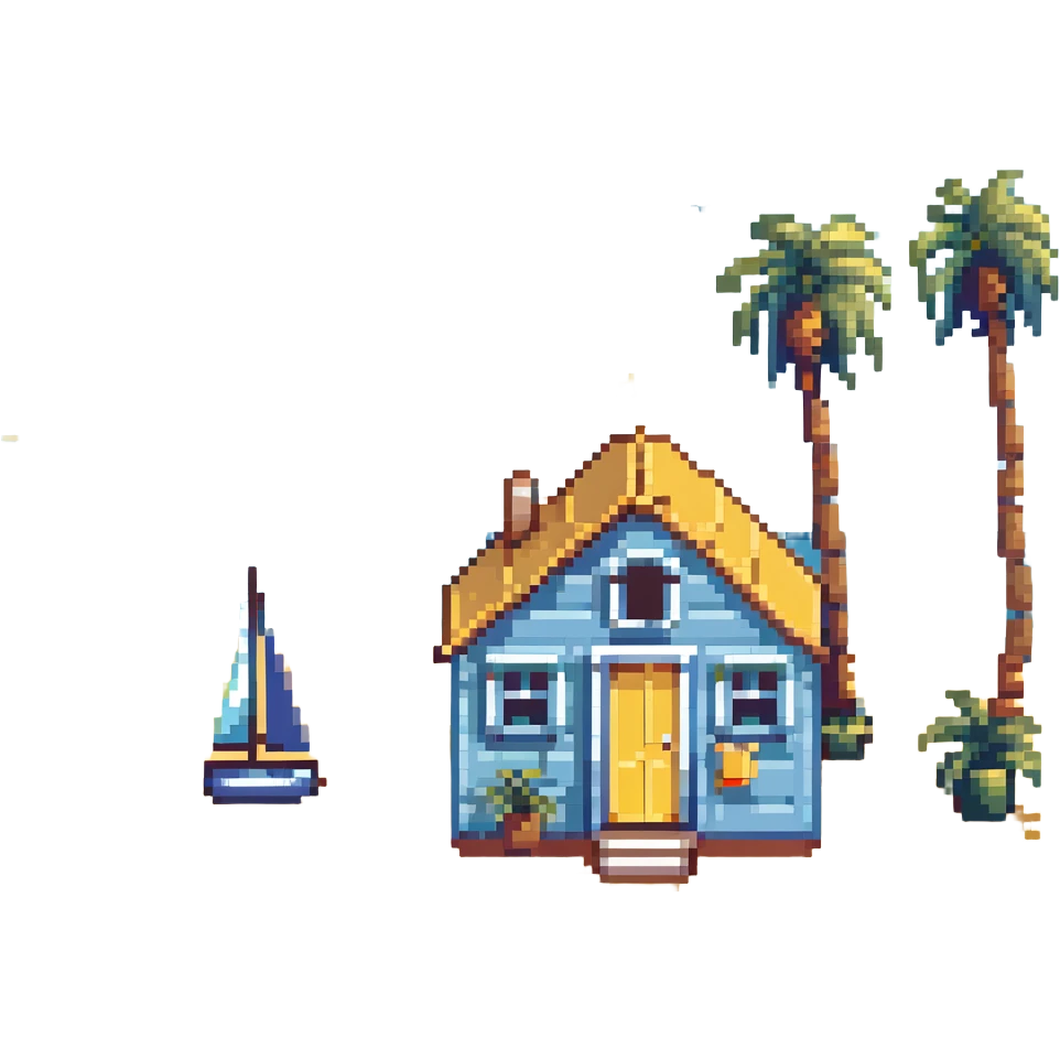 tiny coastal home with yellow walls, pixel art emoji style, 32x32, bright blue sea, sandy beach, palm trees and a sailboat in the background emoji