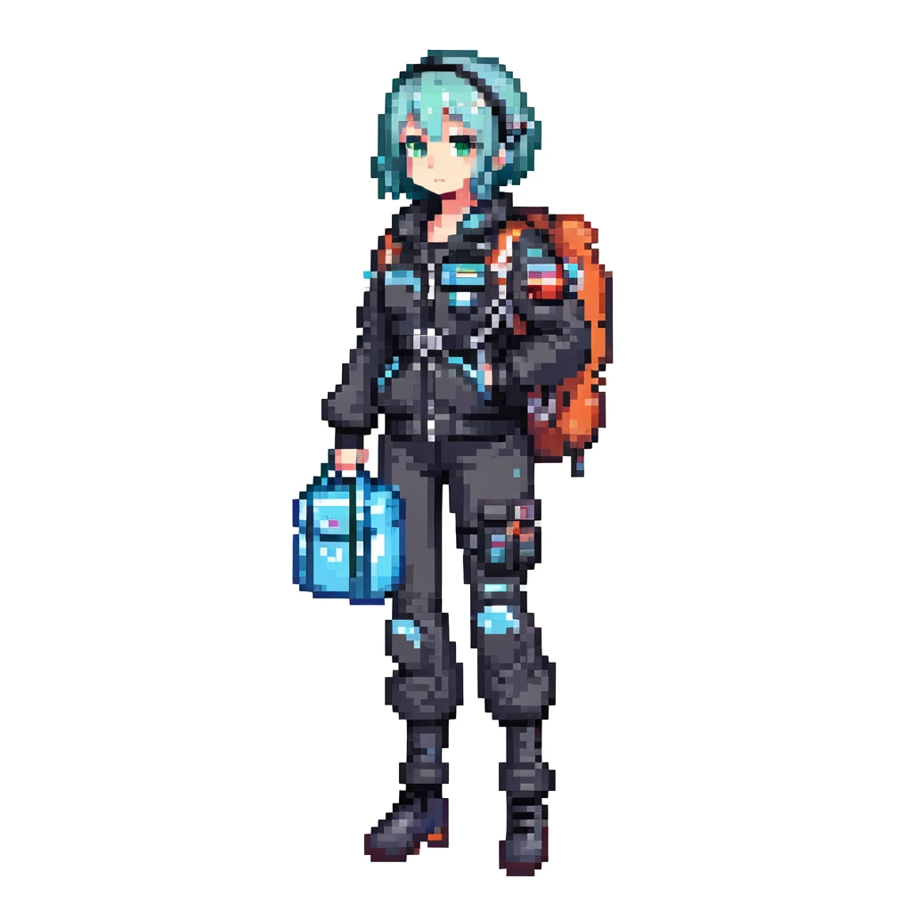 1 female, a vtuber in a cryo suit with a flight jacket, holding a medpack - SNES box art image - cutscene graphic 3/4 side perspective emoji