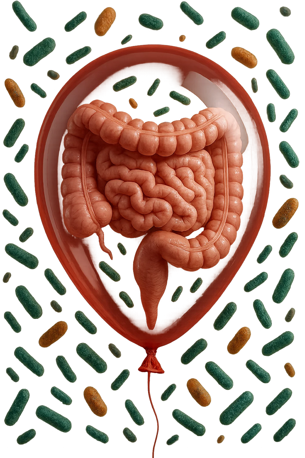 intestino umano anatomico chiuso in un palloncino rosso con batteri intestinali che fluttuano intorno, iperrealistico 4k emoji