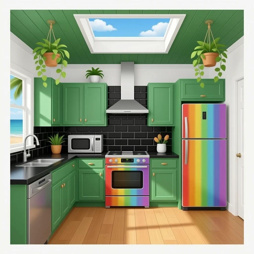 fancy beachside kitchen with black wall tiles, leaf green cabinets, rainbow metal microwave, stove and fridge, black countertops, wood floors, leaf green colored ceiling with a skylight, hanging decorative plants from the ceiling emoji