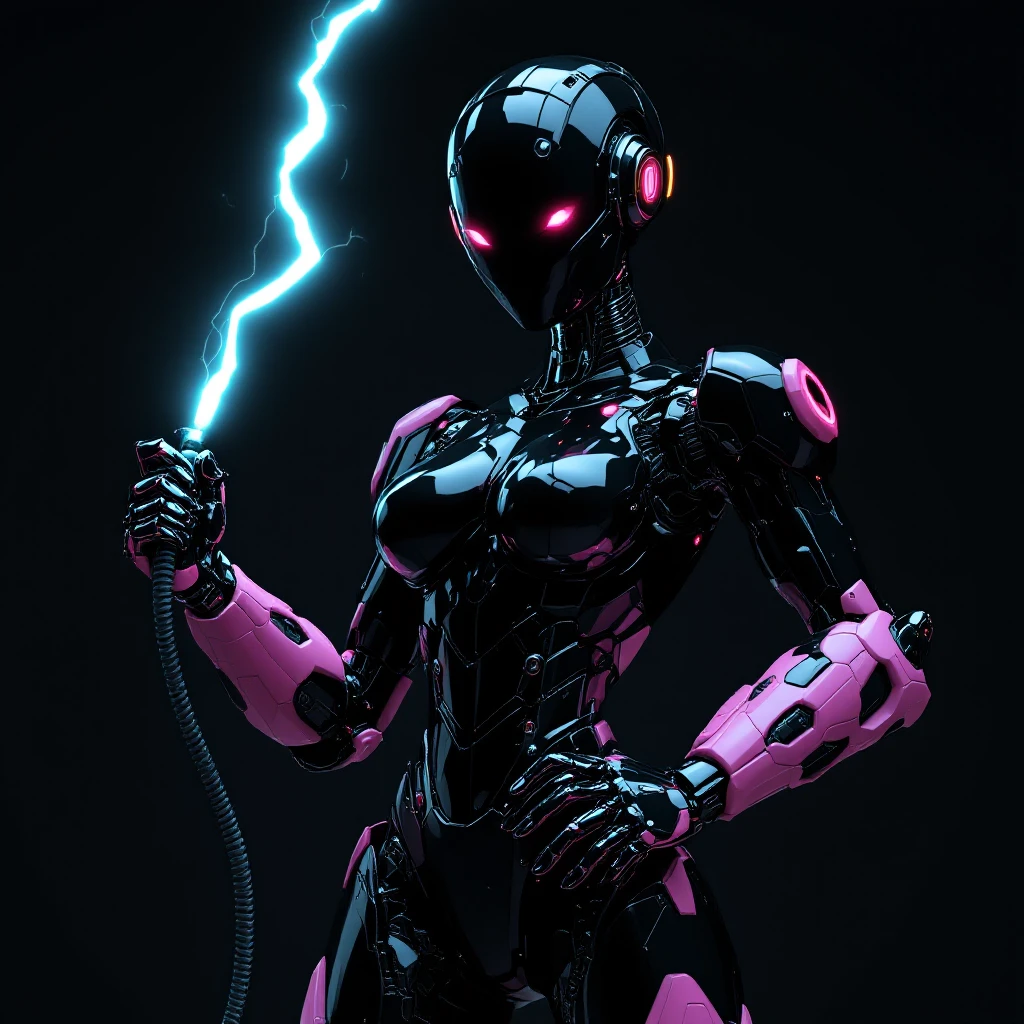 powerful black female robot, pink hexagonal arms and legs, small ear pieces, holding a lightning whip by the handle, confident pose emoji