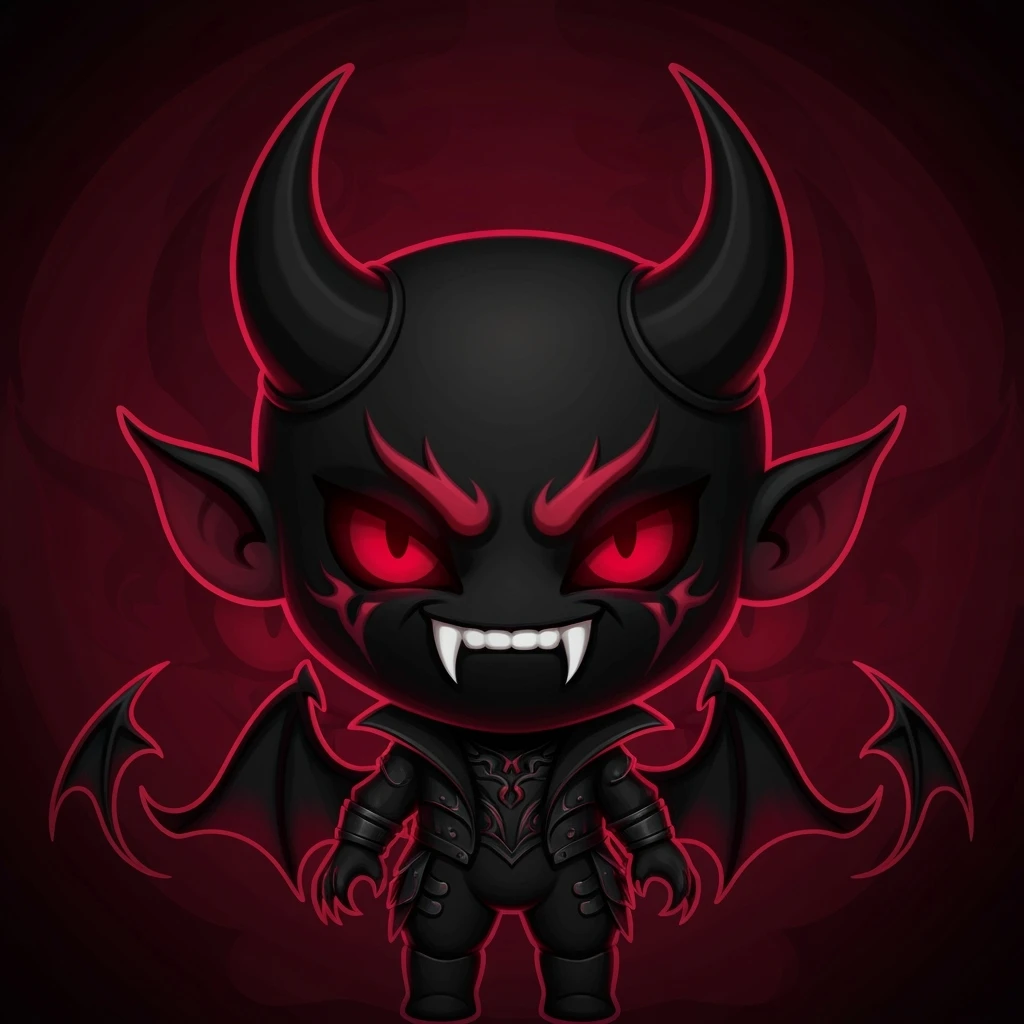 devil emoji, chibi style, gothic palette with black and crimson, sharp fangs, glowing eyes, dramatic shadows emoji