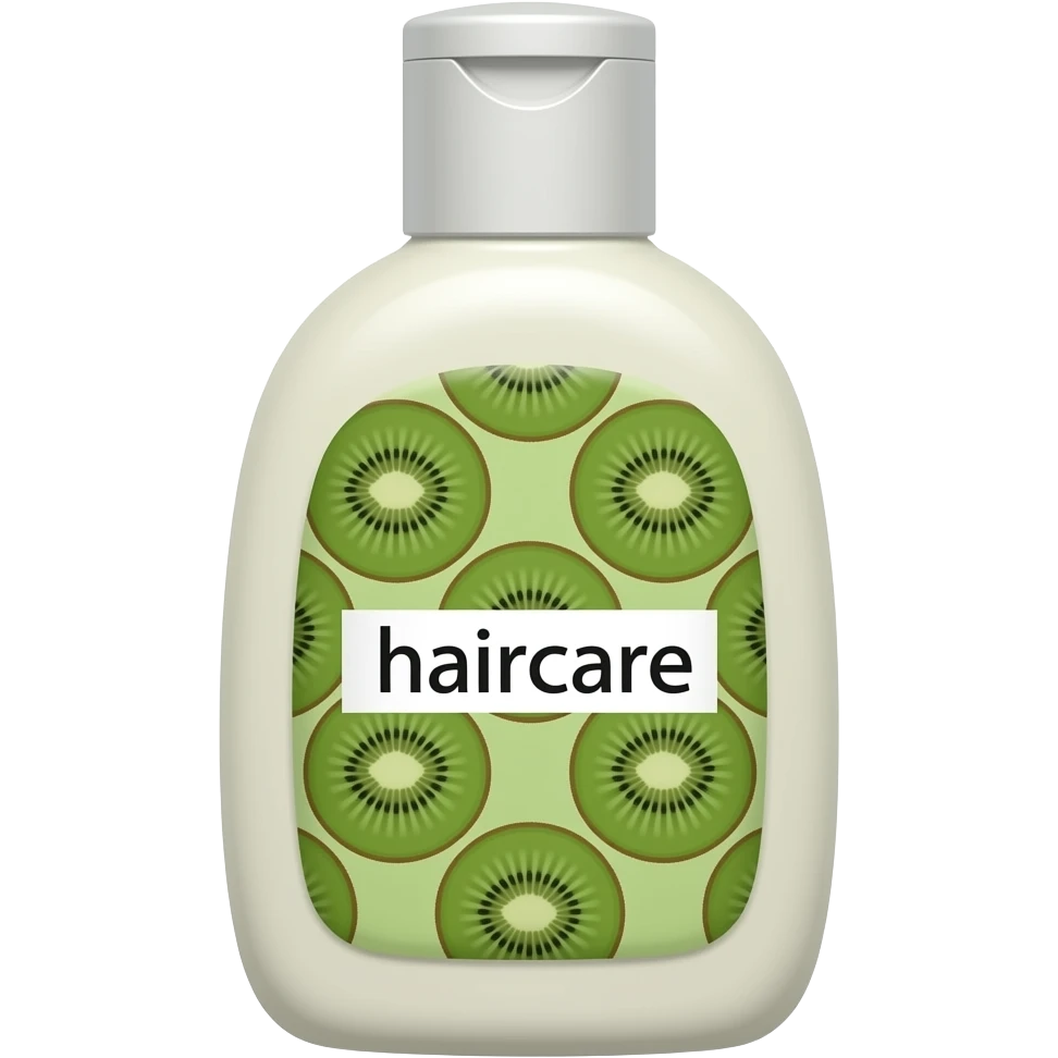 Shampoo com cuidados com a o cabelo verde com uma estampa com um 🥝 e escrito: haircare emoji