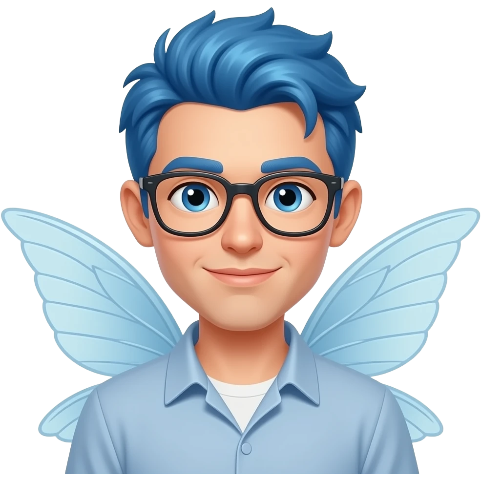 emoji fairy face and wings sticking out portrait blue hair and glassess male emoji
