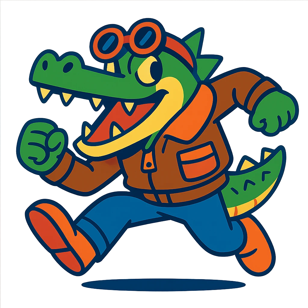 a crocodile with bomber jacket and goggles, action stance, vibrant colors, energetic, fun illustration emoji