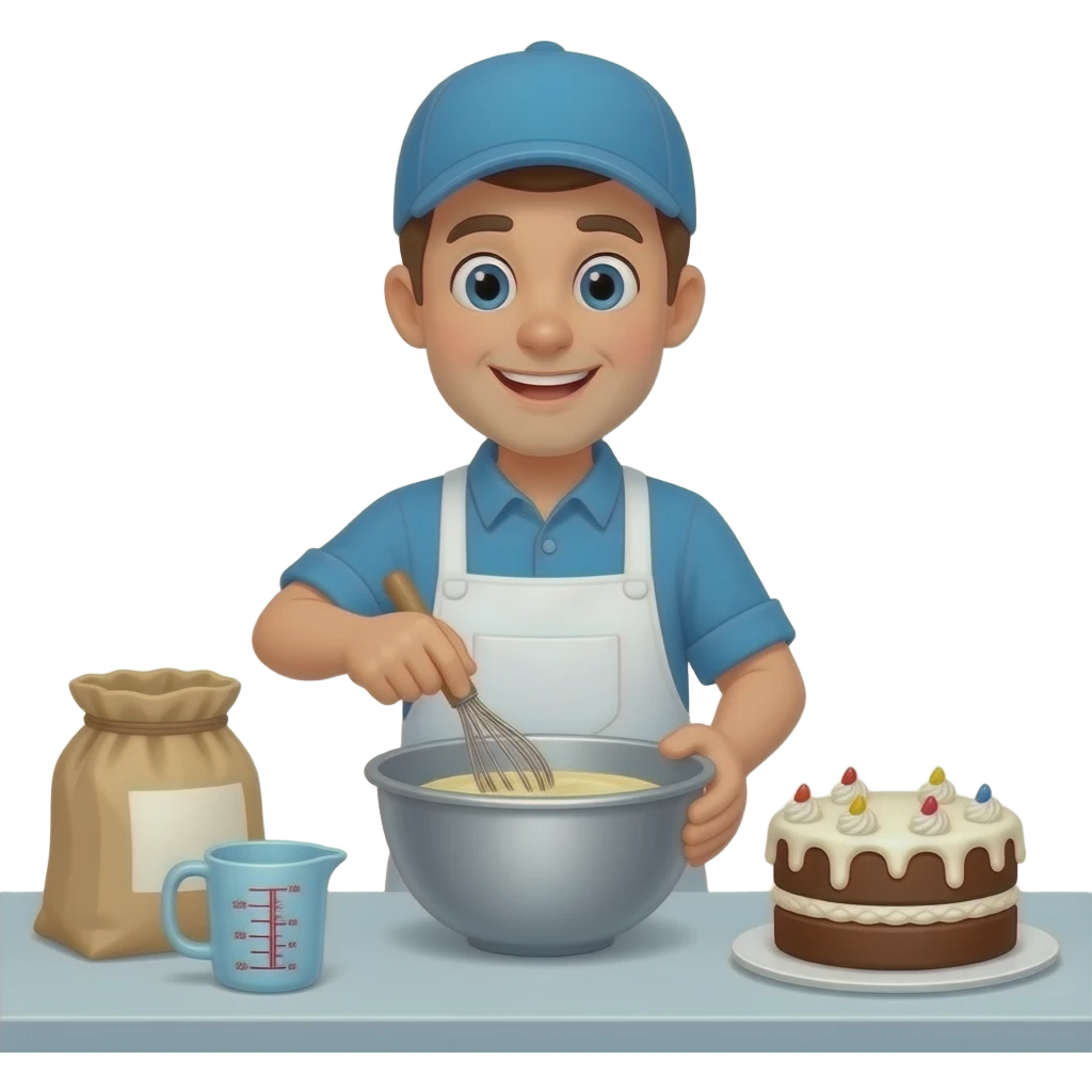 Cartoon bakers man making a cake emoji