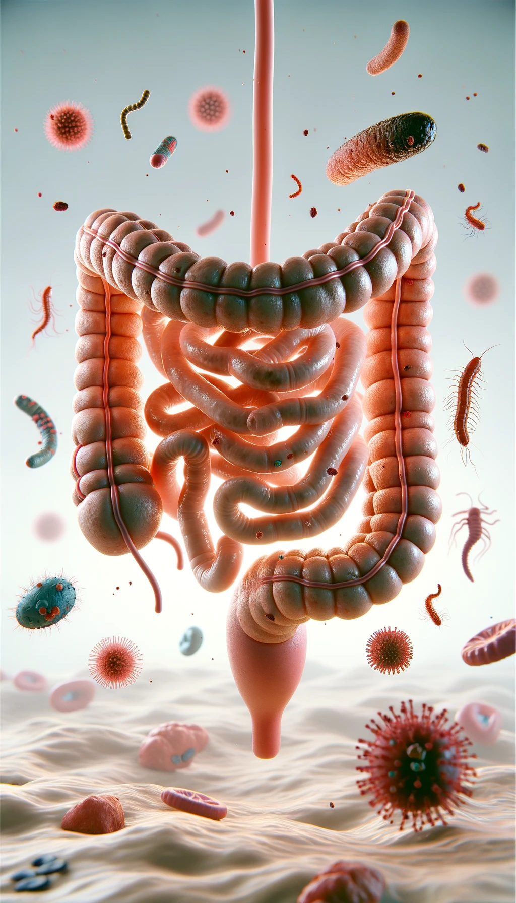 intestino umano realistico con batteri e parassiti che gli fluttuano intorno, sfondo chiaro, iperrealistico 4k emoji
