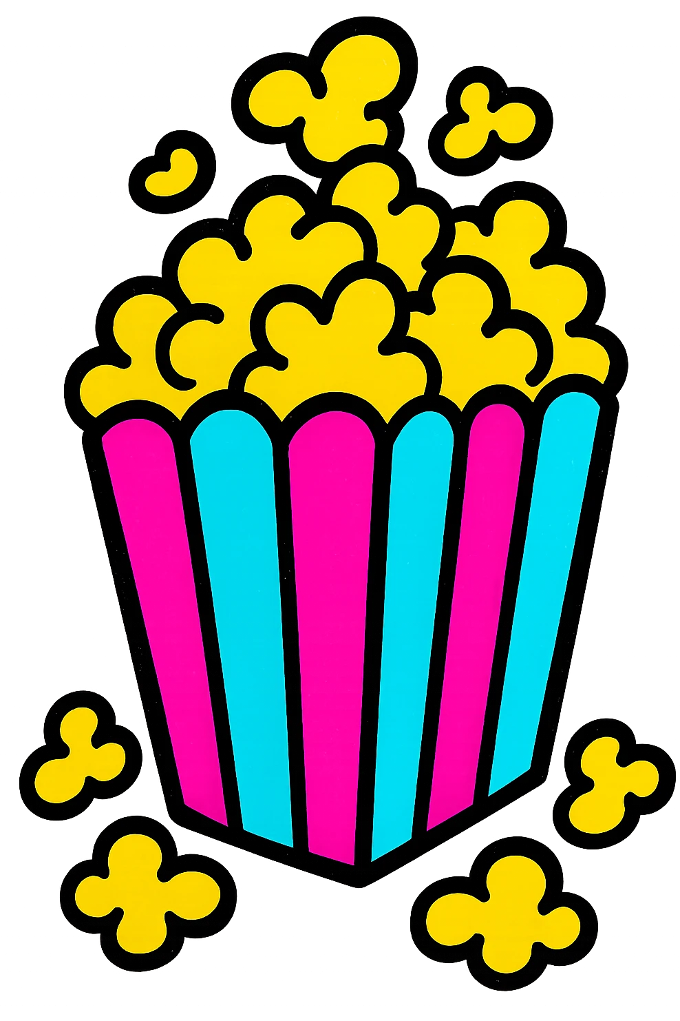 overflowing popcorn box with popcorn spilling out, fun, energetic, bold colors emoji