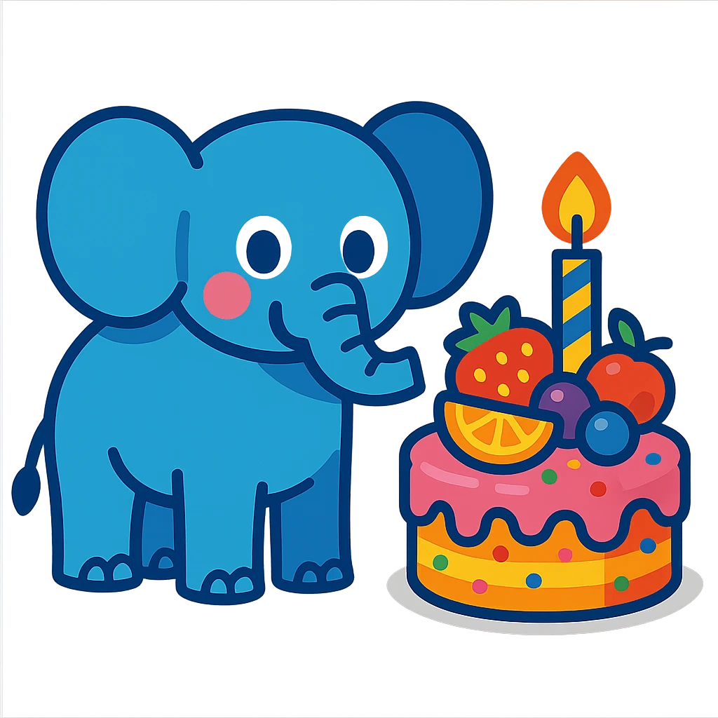 elephant beside one colorful candle-lit fruit cake, vibrant-toon style emoji