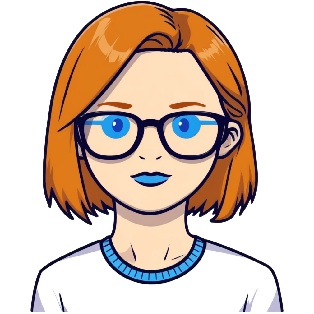 woman with pale skin, ginger straight hair, black glasses, blue eyes emoji
