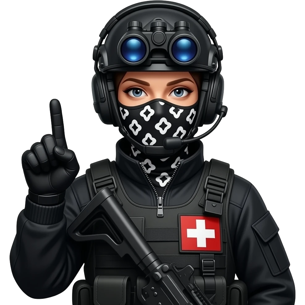 man wearing a black special tactics medical force outfit, face total painted black and a black and white patterned balaclava and wears a headset and a big black night vision device on his headtop FATIGUE AND COMBAT BOOTS PLATE with a helmet and a mask shows her middle fingers emoji