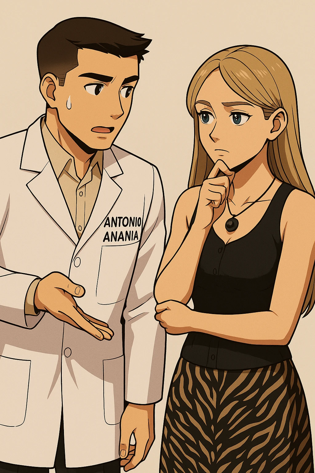 fai un webtoon/manga a colori con questo kinesiologo in camice bianco (fagli la scritta "ANTONIO ANANIA" SUL CAMICE) CHE PARLA CON QUESTA RAGAZZA CON GLI OCCHI AZZURRI. la ragazza HA UN DITO SUL MENTO MENTRE PENSIEROSA gli fa una domanda e IL KINESIOLOGO CON IL CAMICE BIANCO LE risponde. NON FARE I FUMETTI, FAI SOLO LORO COME SE DIALOGASSERO emoji