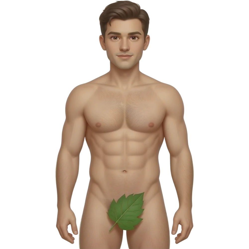 A guy about 23 years old, handsome, full-length, completely naked, has six-pack abs, his genitals are covered by a leaf , He has natural body hair on his arms, legs, and a faint line of hair below his navel. emoji