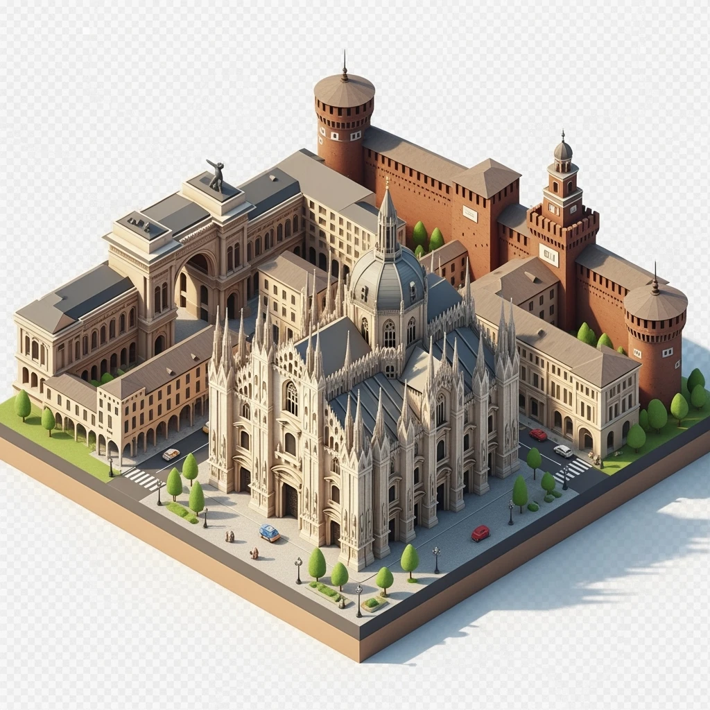Isometric Milan with the Milan Cathedral (Duomo di Milano), toy-style elements, soft shadows, pastel diorama style, transparent background emoji