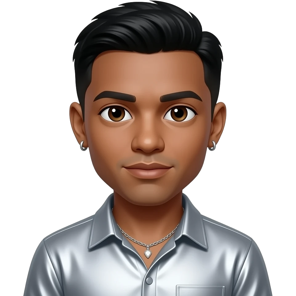 Teddy Riley with dark brown eyes, black hair, silver metallic shirt, silver necklace and short earrings emoji