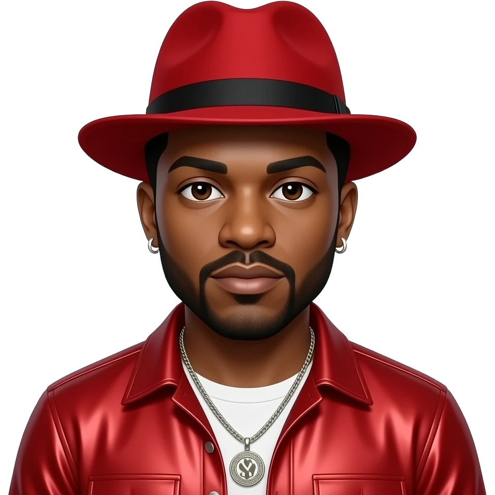 Big Boi from Outkast with dark brown eyes, black hair, red hat, red metallic shirt, necklace and earrings emoji