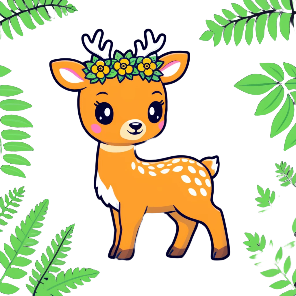 baby deer with a flower crown, surrounded by ferns emoji
