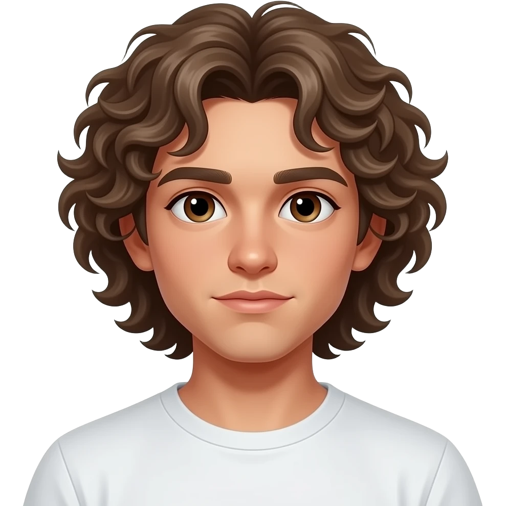 Hazme un chico con pelo rizado largo hacia abajo, ojos marrones, boca y nariz mediana. Bajito de constitución un poco fuerte un poco bronceado, camiseta y pantalon corto emoji