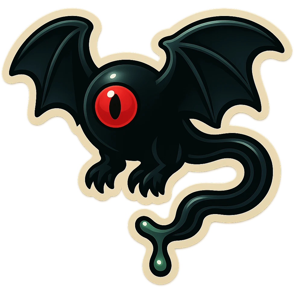 an all black reptilian bat-like creature. One cyclopian red eye in its face. no visible mouth or ears. 2 hind legs with claws. has a long tale with a stinger that drips green poison emoji