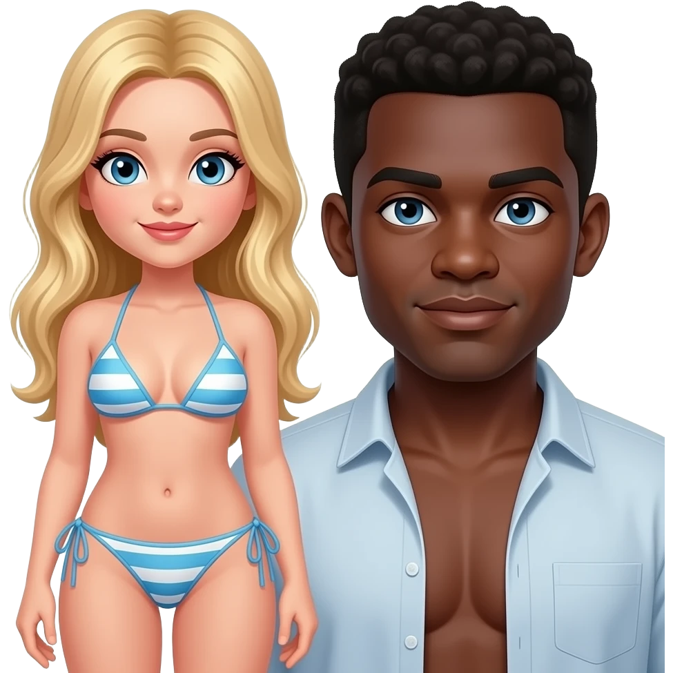 una ragazza con fisico perfetto bionda occhi azzurri in Bikini realistico con uomo nero realistico emoji