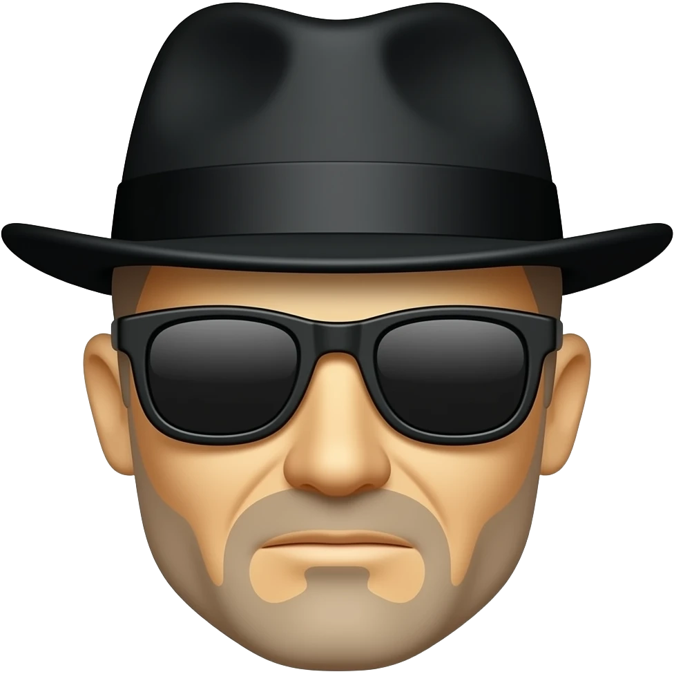 Heisenberg as a face emoji, with the black flat hat, while bald, with sunglasses, yellow emoji