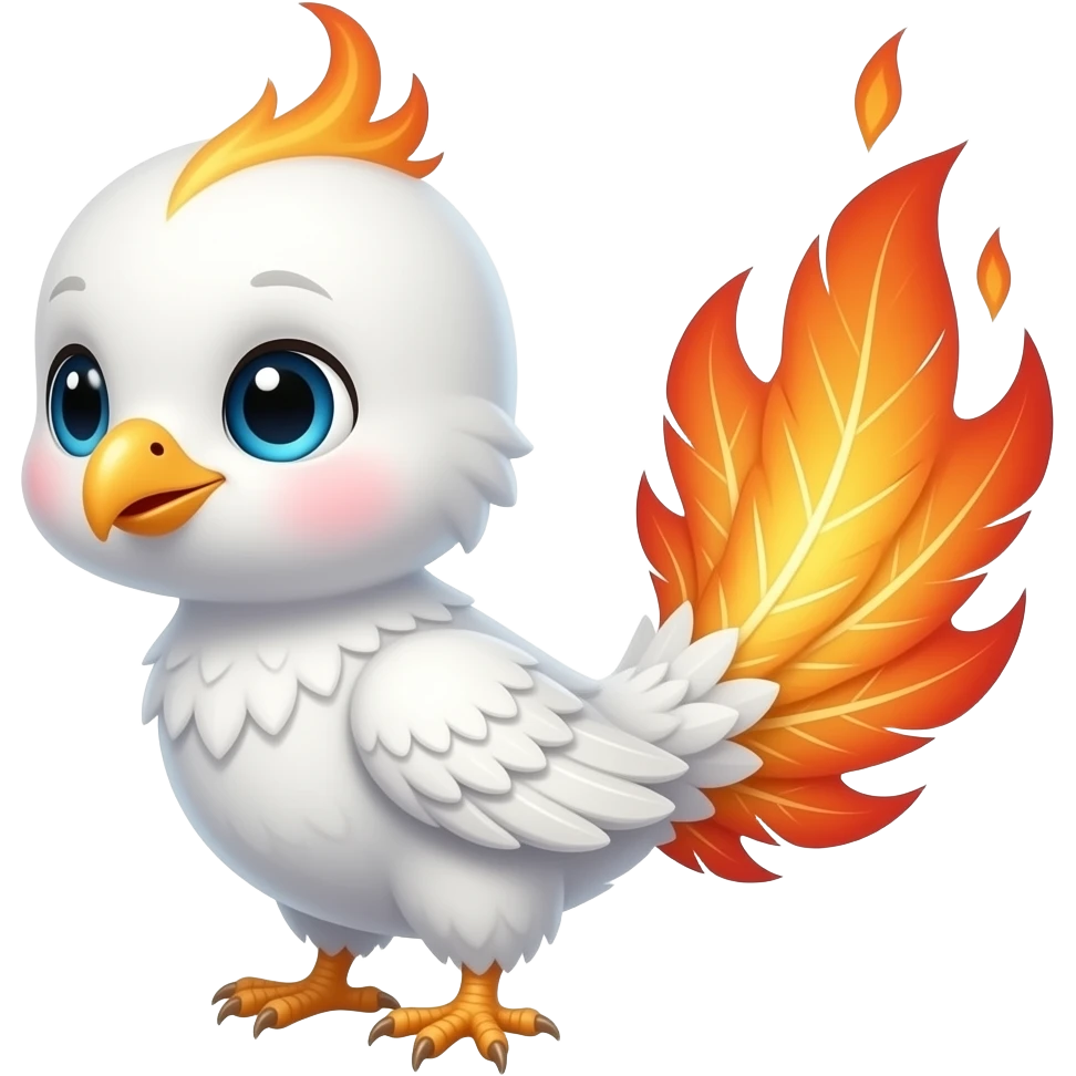 Baby white phoenix with fire looking tail feathers emoji