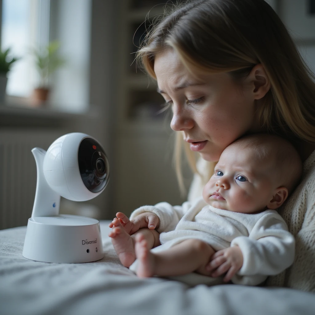 new mother obsessively checking a baby monitor, dark circles under her eyes, nursery filled with every safety device imaginable, hyperrealistic 4K, anxious and exhausted expression, detailed and safe environment emoji