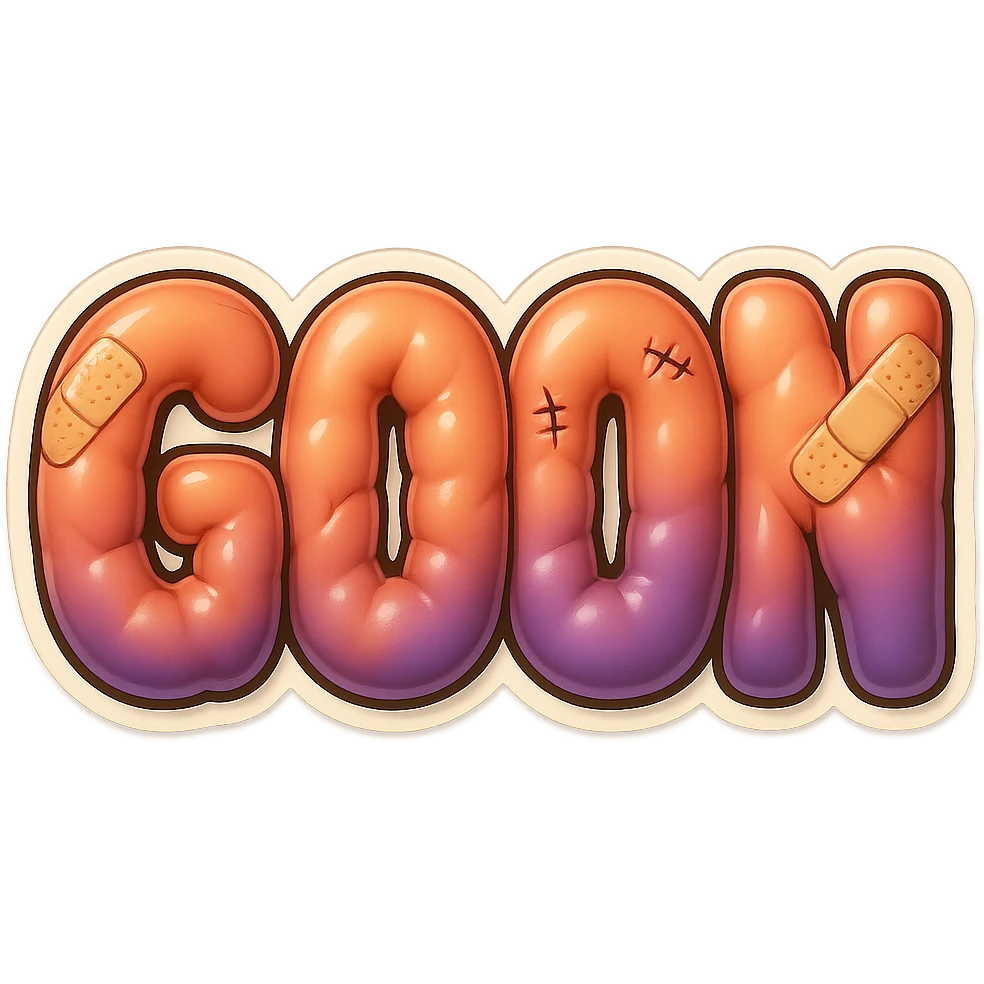 The word GOON with amorphous, glossy, blobby muscle shapes under the skin, using large cartoon bandages, purple and yellow bruises, and stitched wounds. Retro sticker style, no background. emoji