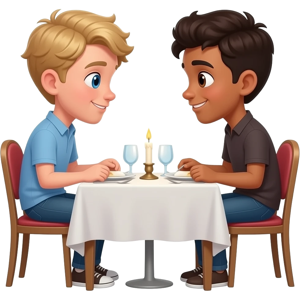 Make a young gay male teen couple on a Date , one has light Skin with Blond Hair and Blue Eyes, the other one has slightly brown skin witz dark Brown Hair and Brown Eyes. They are on a date having dinner. They look at each other in love. emoji