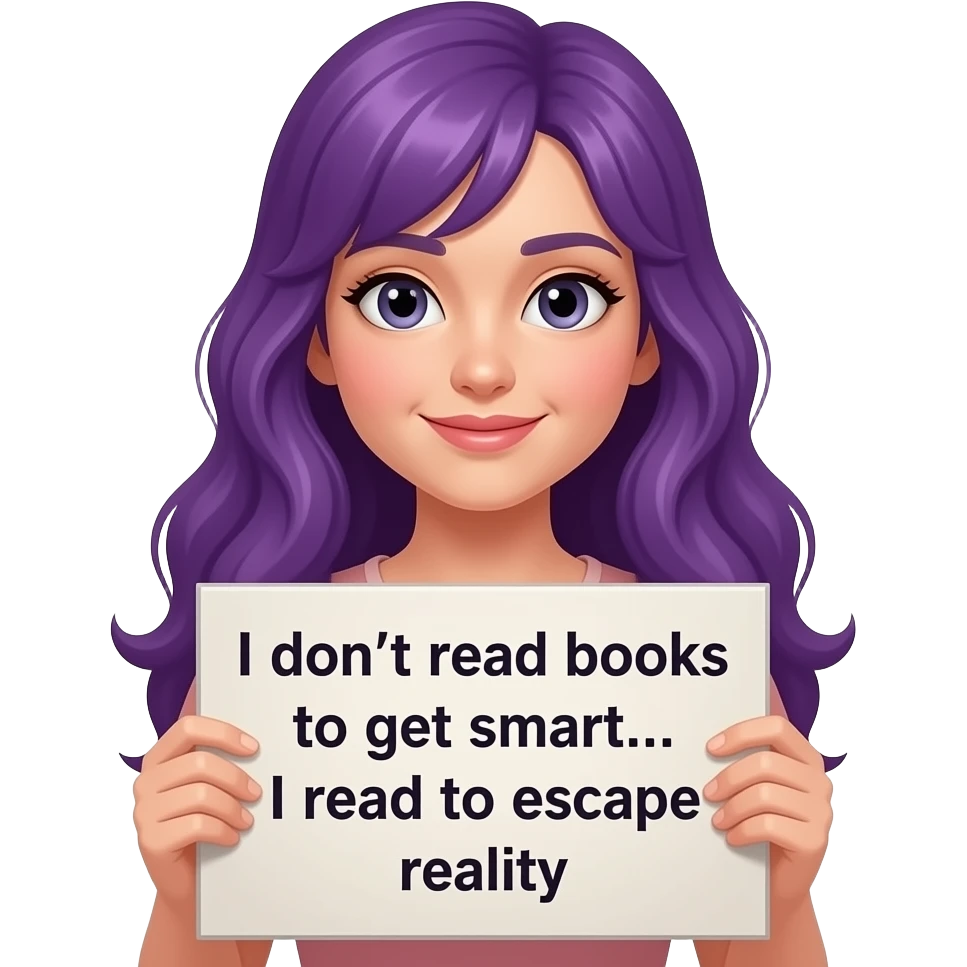 girl with long purple hair with a I don't read BOOKS to get smart... I read to ESCAPE REALITY sign emoji