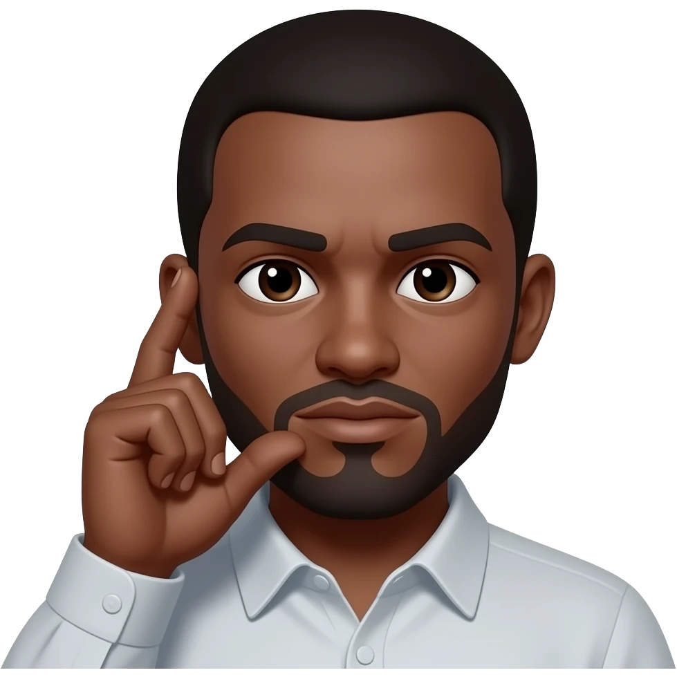 A black serious face with the first and second finger held up to the right ear and the tumb held on the lips like a phone emoji