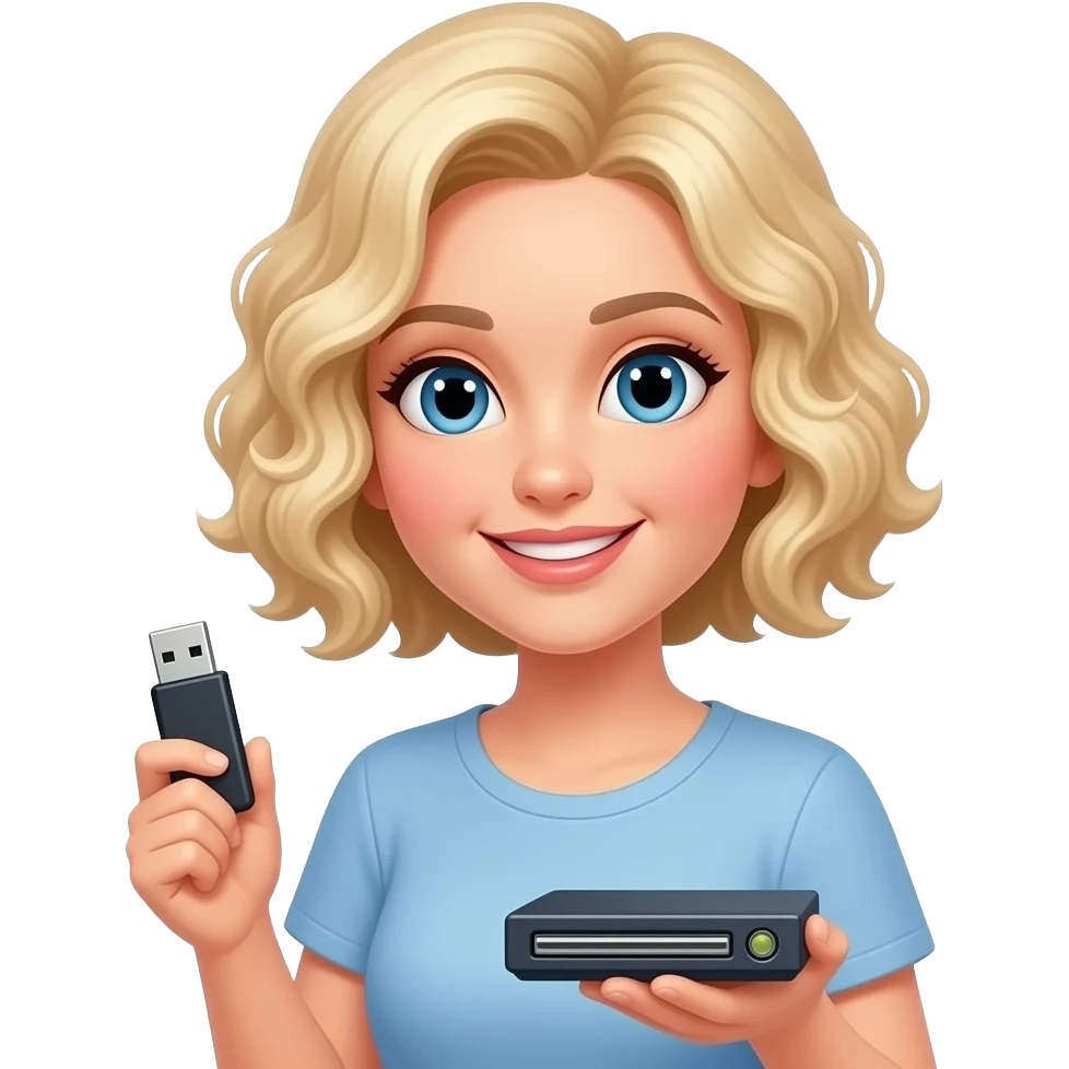 short blonde tight curly hair bob with a USB and DVD player emoji