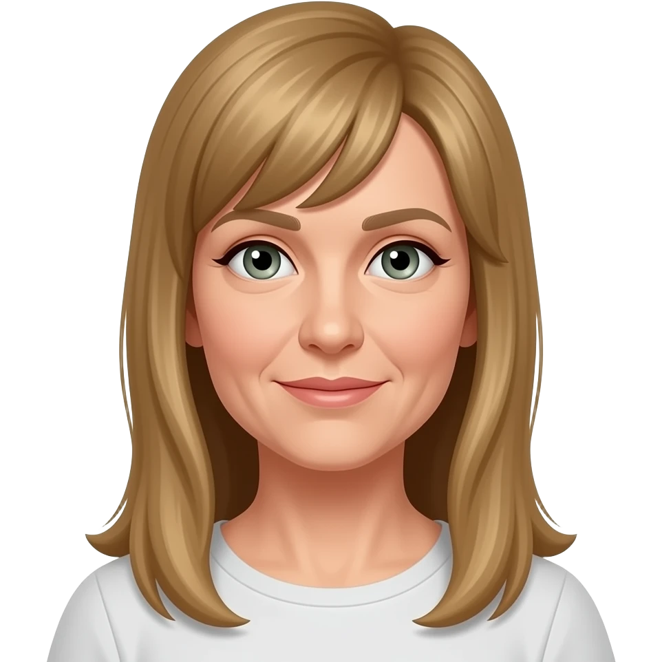 50 year old woman with long straight golden brown hair and side bangs and grey-green eyes emoji