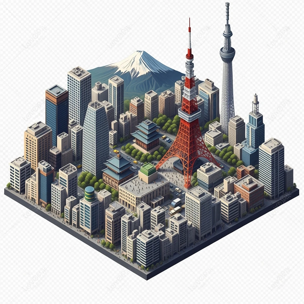 Isometric illustration of Tokyo, with photorealistic detailed miniature cityscape included Tokyo Tower, Skytree, Shibuya Crossing, Mount Fuji in background, balanced colors, subtle 3D miniature effect, no cartoonish look, transparent background. emoji