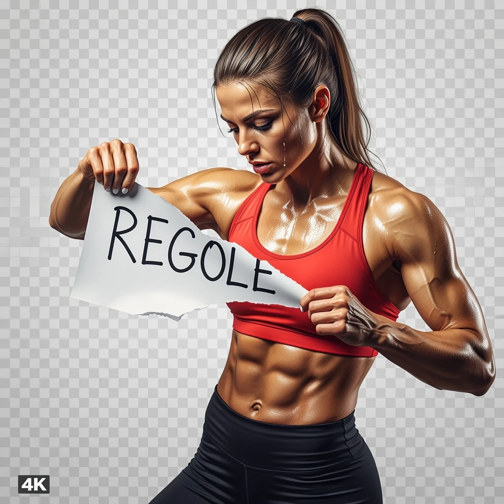 DONNA FITNESS CHE STRAPPA UN FOGLIO CON LA SCRITTA "REGOLE", IPERREALISTICA 4K, SENZA SFONDO emoji