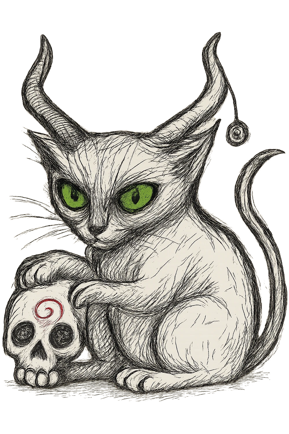Edit the cat image to have striking green eyes. Keep the realistic hand drawn style with dynamic black outlines and no fill. Preserve the charm on the horn and the red spiral on the skull. Maintain the transparent background as is. emoji