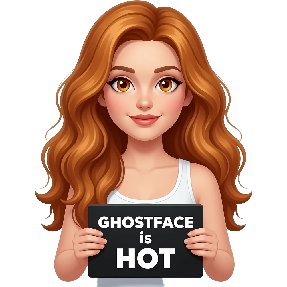 sexy girl with long wavy ginger hair and ginger eyes wearing a white tanktop is holding a black colored sign with GHOSTFACE is HOT written on it emoji