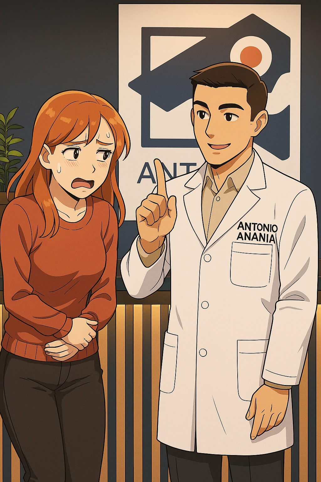 su questo stile fai un manga/webtoon a colori in cui una donna PREOCCUPATA FA UNA DOMANDA ALL'UOMO, l'uomo della foto in stile manga LE DICE DI "NO" CON IL DITO, mantieni un ambiente simile alla foto che ho allegato con il suo logo (sarebbe il suo studio, lui è un kinesiologo), scrivigli "ANTONIO ANANIA" sul camice bianco, non mettere fumetti, ma fai in modo che sembri che la donna CHIEDA ALLARMATA E L'UOMO LA TRANQUILLIZZI emoji