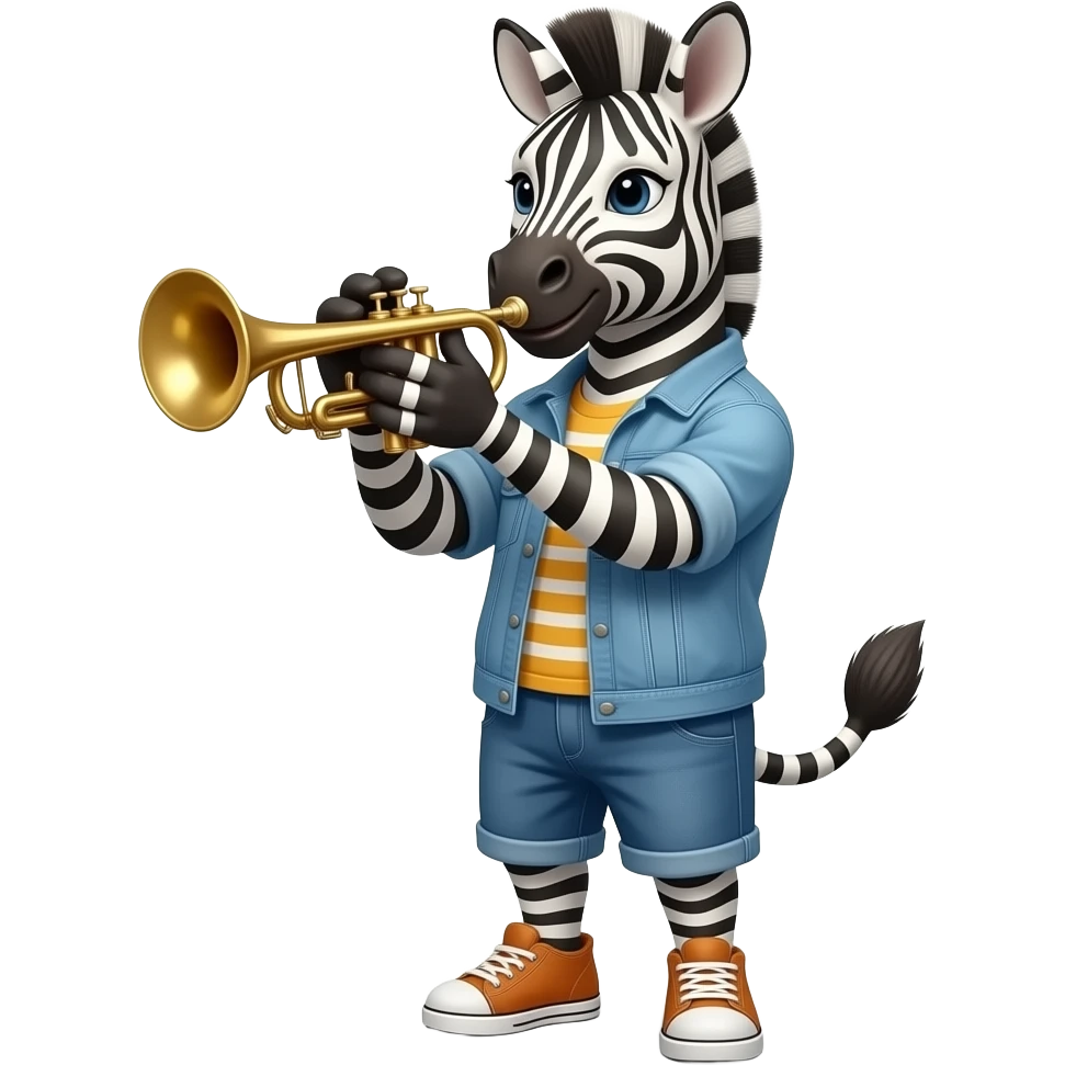 людиноподібна зебра у всеь рост, одягнена в стилі кежуал  грає на трубі emoji