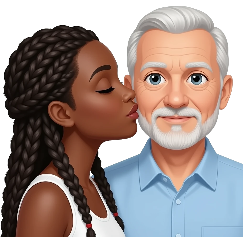 Black woman with long braids kissing older white bald man clean shaven emoji